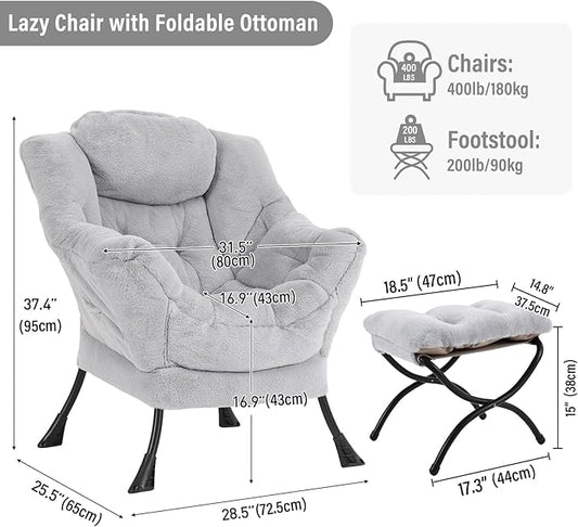 Lazy Chair with Ottoman, Modern Chair with Folding Footrest, Plush Grey Accent Chair, Comfortable Reading Chair, Oversized Armchairs for Bedroom, Study, Living Room, Courtyard