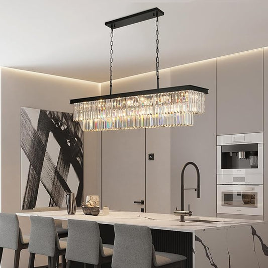 Crystal Chandeliers for Dining Room Light Fixtures Over Table，18-Lights Black Modern Rectangle Chandeliers for Kitchen Island Bar L46 Inch