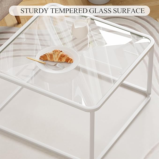 Coffee Table Glass, Minimalist Square Tables for Living Room, Modern Center Table for Office or Small Space, Sturdy Metal Frame, Easy Assembly, 26.4 x 26.4 x 15.7 Inches, White