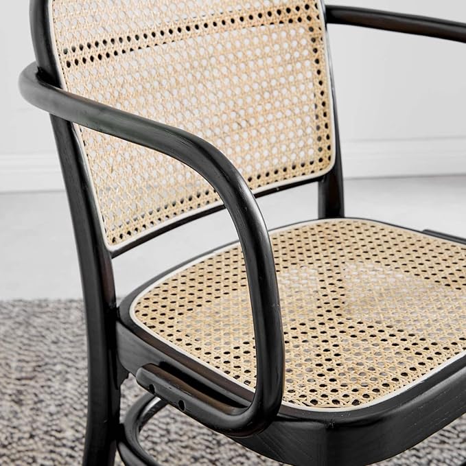 Modway Winona Elm Wood Cane Rattan Seat, Dining Chair - Set of 2, Black