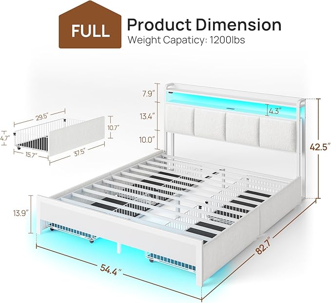 Rolanstar Bed Frame Full Size with Charging Station and LED Lights, Upholstered Storage Headboard with Drawers, Heavy Duty Metal Slats, No Box Spring Needed, Noise Free, Easy Assembly, White