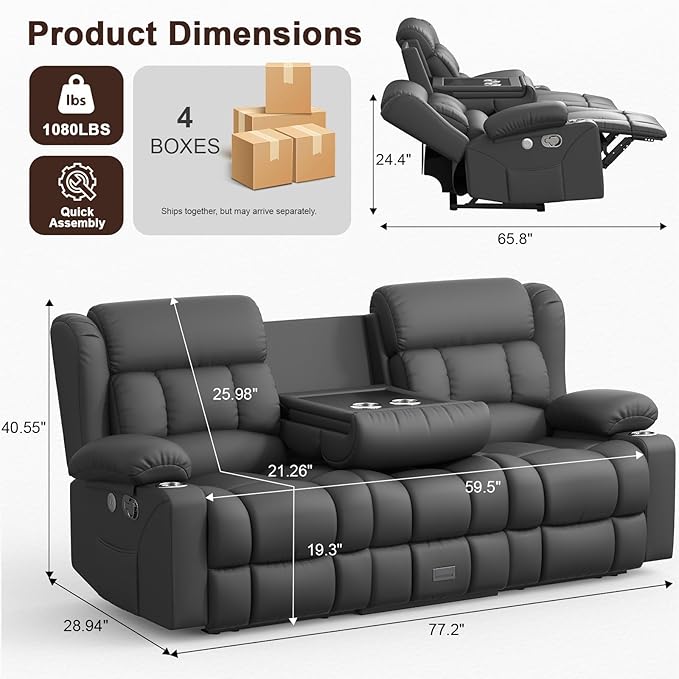 Loveseat Recliner Sofa, 3 Seater Minimalist Style Reclining Loveseat with Flip Back Console, USB Charge Ports, Cup Holders, Recliner Love Seat Couches for Living Room, RV, Gray