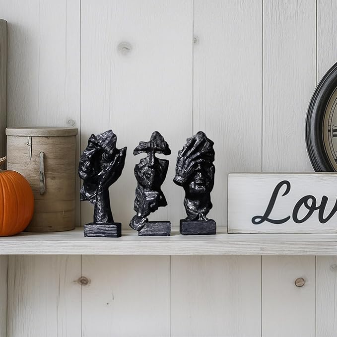 3 Pcs Thinker Statue, Silence is Black Abstract Art Figurine, Modern Home Resin Decorative Objects Decor for Home Office Bookshelf Desktop,No Hear No See No Speak Knick Knacks