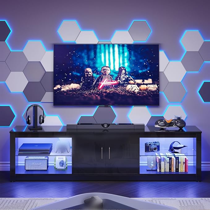 Bestier LED TV Stand for 75 Inch TV Large Entertainment Center Gaming with Storage Glass Shelves Two Cabinets Modern TV Console for Living Room