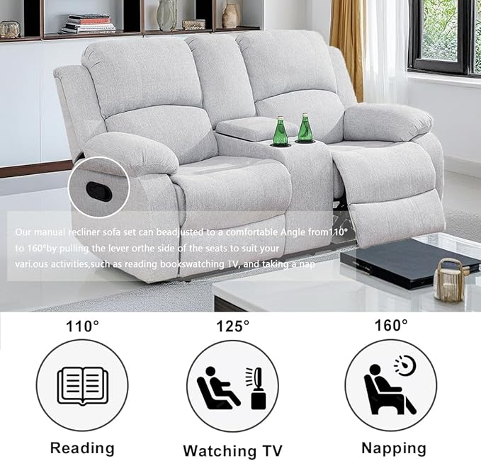 Modern Fabric Recliner Loveseat Living Room Furniture Manual Reclining Couch 2 Seater Reclining Sofa with Cup Holders & Middle Storage Console for Home/Office/Rv Car (Grey White, Loveseat)