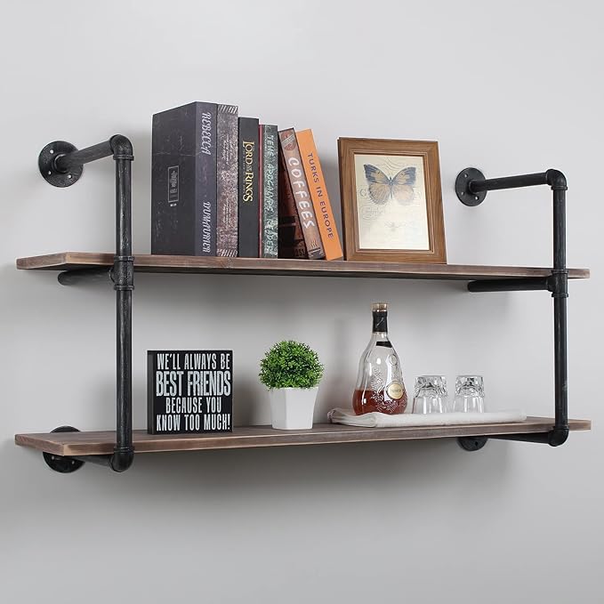 MBQQ Industrial Pipe Shelving Wall Mounted,48in Rustic Metal Floating Shelves,Steampunk Real Wood Book Shelves,Wall Shelf Unit Bookshelf Hanging Wall Shelves,Farmhouse Kitchen Bar Shelving(2 Tier)