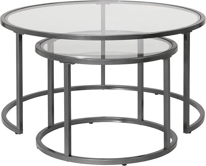 Camber Elite Metal and Glass Round Nesting Coffee Table Set, 35 Inches