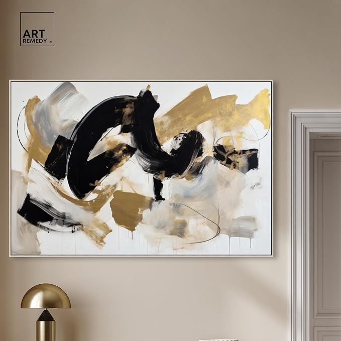 Art Remedy Moved Abstraction Canvas Modern Black White Abstract Wall Art, Silver Frame, 54" x 36"