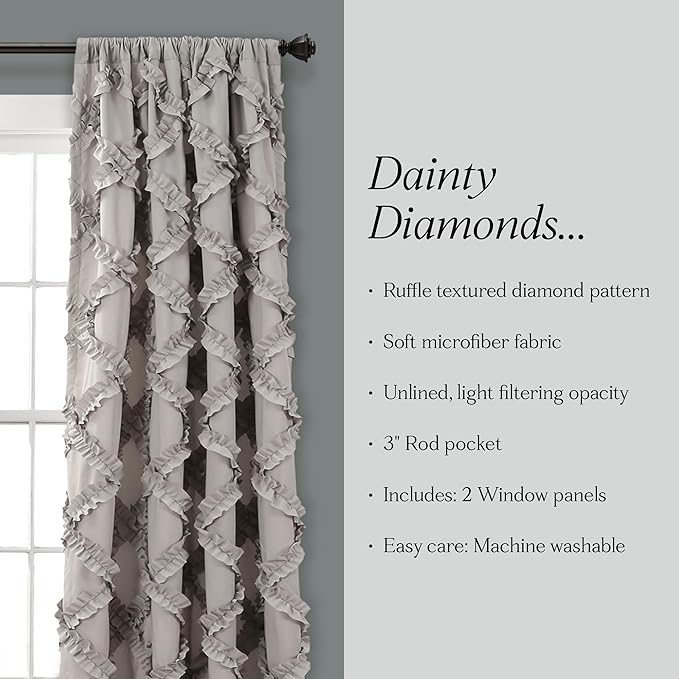 Lush Decor, Gray Ruffle Diamond Curtains Textured Window Panel Set for Living, Dining Room, Bedroom (Pair), 84” x 54, 2 Count
