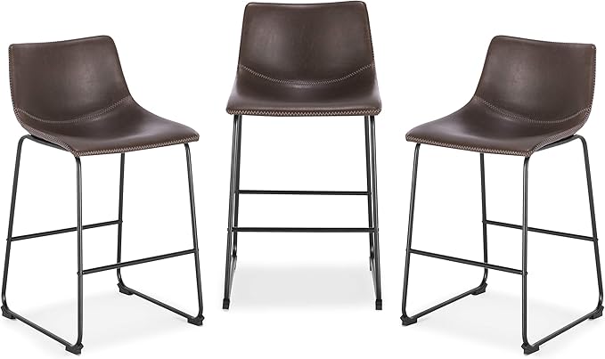 POLY & BARK Brinley Counter Stool Set of 3 – Modern Armless Counter-Height Stools with Gently Curved Backrest and Wood Legs – Brown – Faux Leather Seating for Kitchen Island or Breakfast Bar