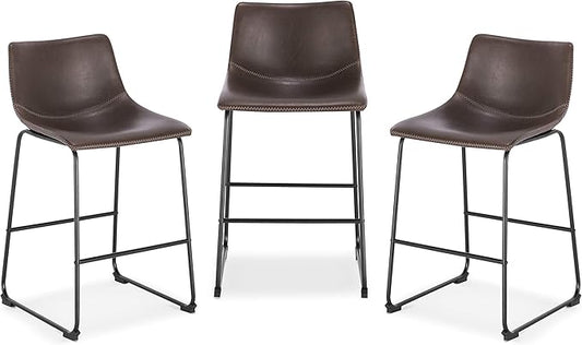 POLY & BARK Brinley Counter Stool Set of 3 – Modern Armless Counter-Height Stools with Gently Curved Backrest and Wood Legs – Brown – Faux Leather Seating for Kitchen Island or Breakfast Bar