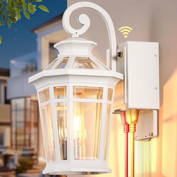 White Porch Light with GFCI Outlet, Modern Dusk to Dawn Light with Outlet, Anti-Rust Outdoor Wall Sconce Wall Light Fixture, Waterproof Coach Lights for Garage, Outside Lights for House, Patio