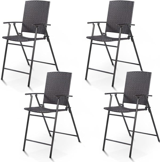 Giantex Set of 4 Folding Wicker Rattan Bar Chairs High Stool with Back Steel Frame Portable Outdoor Indoor UV Resistant Barstools Garden Patio Furniture Set w/Armrests Footrest
