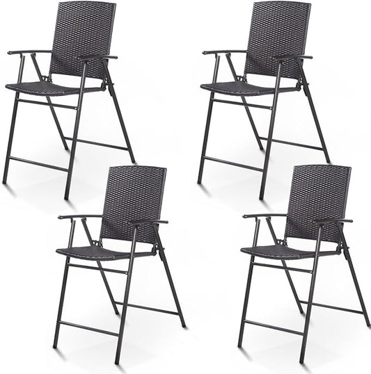 Giantex Set of 4 Folding Wicker Rattan Bar Chairs High Stool with Back Steel Frame Portable Outdoor Indoor UV Resistant Barstools Garden Patio Furniture Set w/Armrests Footrest