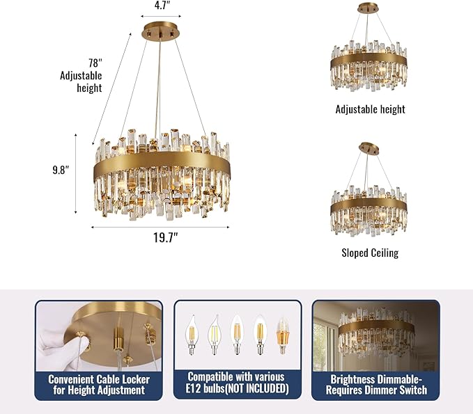 Modern Gold Crystal Chandelier, 12-Light Luxury Dining Room Chandelier, Elegant K9 Crystal Pendant Ceiling Light Fixture for Living Room, Kitchen, Entryway, E12 Base, 59" Adjustable Wire