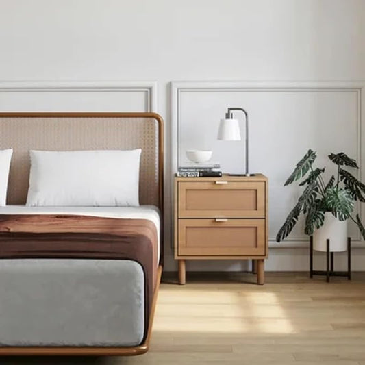 SANGO Orre 2-Drawer Nightstand, Modern Brown Bedside Table with Synthetic Rattan Drawer Panels, Cylindrical Wood Legs, Discreet Finger Pulls, Smart Storage for Living Room or Office Room