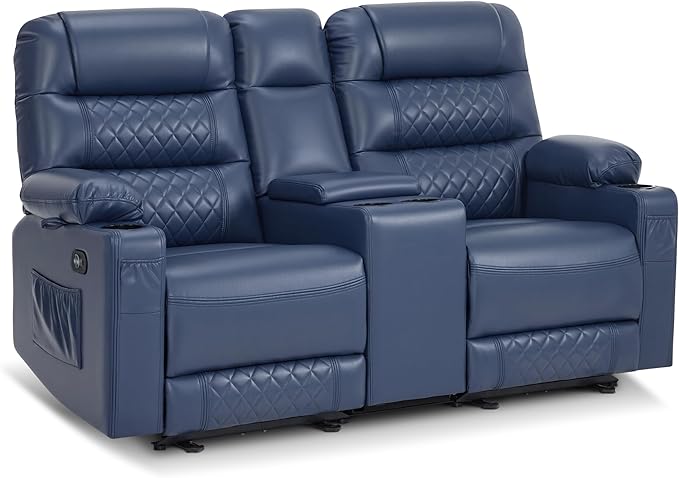 MCombo Zero Gravity Power Loveseat Recliner with Console, Heat and Vibration Massage, Reclining Loveseat Sofa with USB Ports, Cup Holders for Living Room, Faux Leather PR622Sets (Navy Blue)