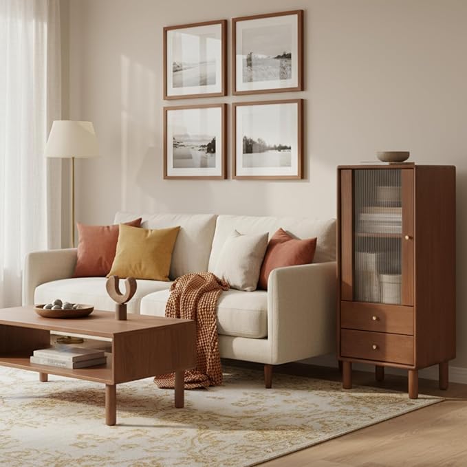 100% Solid Wood Storage Cabinet with Glass Doors and Drawers, Buffet Cabinet with Drawers, for Living Room, Reading Room, Kitchen (14" D x 15" W x 37" H)