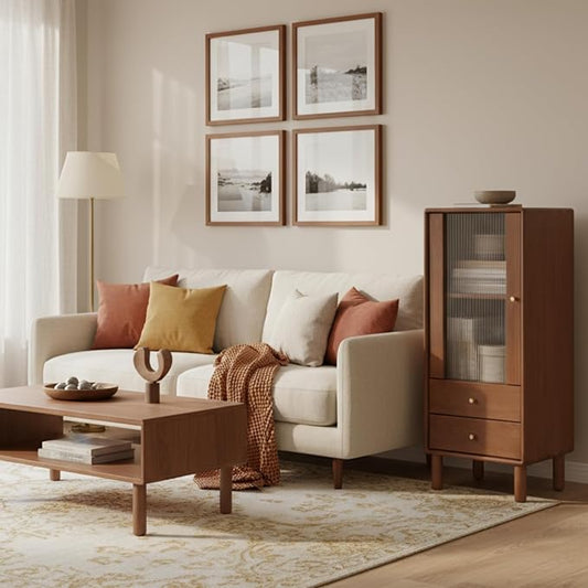 100% Solid Wood Storage Cabinet with Glass Doors and Drawers, Buffet Cabinet with Drawers, for Living Room, Reading Room, Kitchen (14" D x 15" W x 37" H)