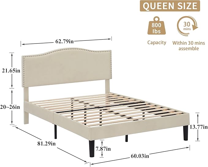 VECELO Queen Bed Frame Platform Bed Frame with Upholstered Headboard, Strong Frame and Wooden Slats Support, Strong Weight Capacity, Non-Slip and Noise-Free, Easy Assembly,Beige