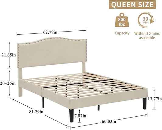 VECELO Queen Bed Frame Platform Bed Frame with Upholstered Headboard, Strong Frame and Wooden Slats Support, Strong Weight Capacity, Non-Slip and Noise-Free, Easy Assembly,Beige