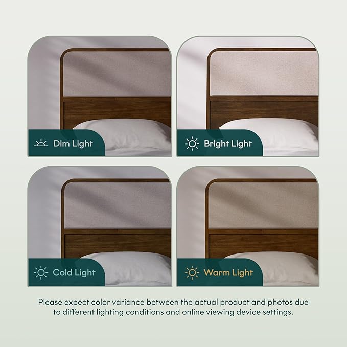 Bme Solid Wood Calista King Bed Frame – Chestnut Finish Platform Bed with Upholstered Headboard, Mid-Century Modern Style with Sturdy Slats & Tapered Legs, No Box Spring Needed