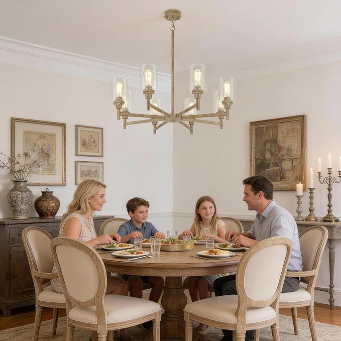 Farmhouse Chandeliers for Dining Room Light Fixture | 8 Light Rustic Chandeliers Over Table | Fake Wood Hanging Lighting with Clear Glass Cover for Living Room | Kitchen Island | Entryway | Bathroom