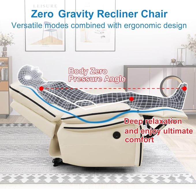 Leather Power Recliner Sofa Set with LED, Living Room Furniture Set, Leather Sofa Set with USB Port Storage Console Cup Holder for Office Living Room Home (Cream White-3)