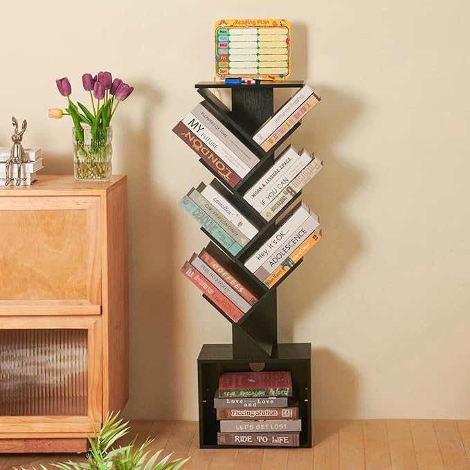 7 Tier Tree Book shelf, Small Bookcase with Reading Planner and Activity Panel, Modern Floor Standing Corner Tall Narrow Storage Cabinet Bookshelves for Home Office Bedroom Living Room (Black)