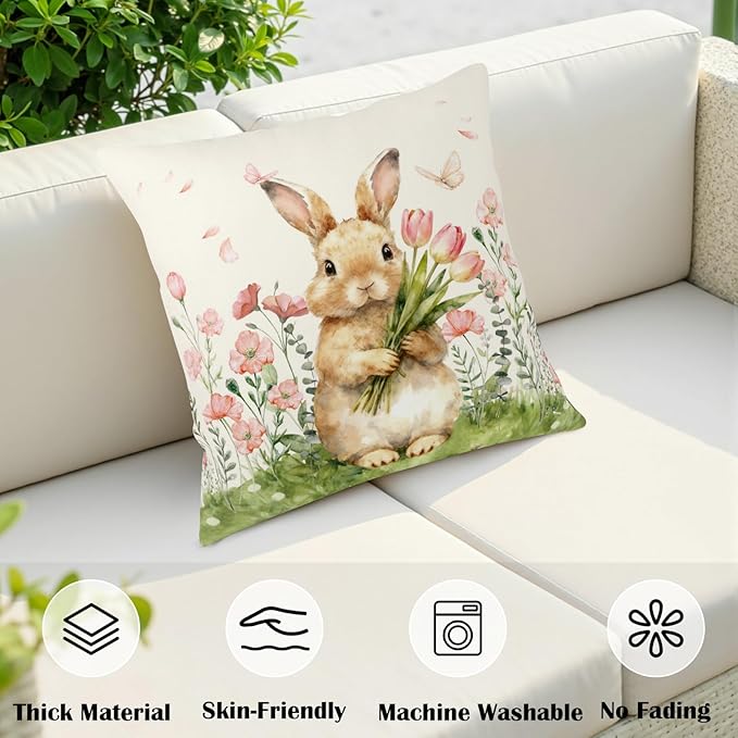 Easter Bunny Outdoor Pillow Covers 22x22 Set of 2 Watercolor Pink Flowers Pillows Cases Farmhouse Rabbit Floral Pillowcase for Sofa Couch Home Decor