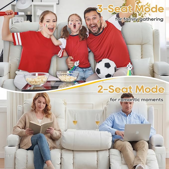 IPKIG Power Recliner Sofa with Flip-Up Backrest Console, USB & USB-C Ports, AC Outlet, LED Lights, Wall Hugger Recliners for Living Room, RV (Off Withe, 76.8" - 3 Seat) | Faux Leather, Zero Gravity, Dual Reclining, 2 Lumabr Pillow