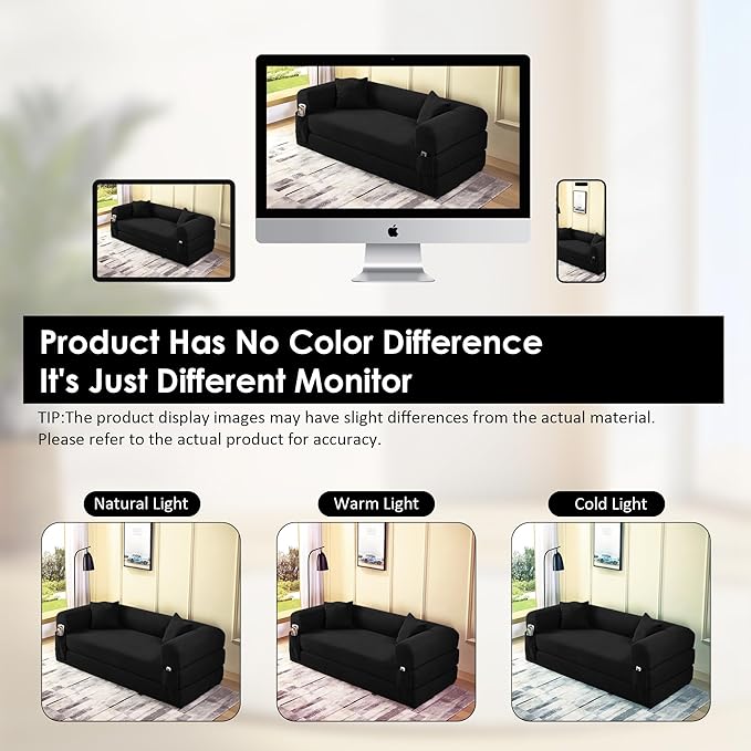 80" Convertible Sofa Bed, Corduroy Deep Seat Folding Pull Out Couch with Pillows, No Assembly Modern Boneless Couch Compression Sofa in Box, Floor Sofa with Storage Pocket for Living Room,Black
