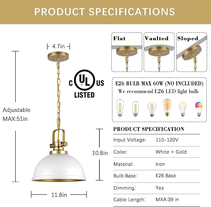 White and Gold Pendant Lights Kitchen Island 2 Pack, Modern Matte White Dome Pendant Lighting Industrial Light Fixture for Kitchen Living Dining Room Restaurant Hallway Entrance
