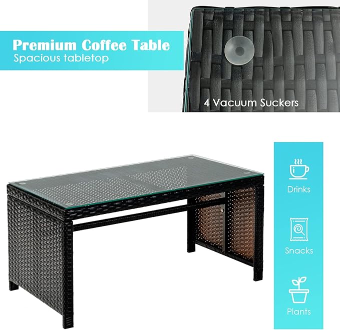 Tangkula 4 Pieces Rattan Furniture Set, Outdoor Conversation Set w/Chair & Loveseat & Tempered Glass Coffee Table, Suitable for Garden, Backyard, Poolside, Patio Furniture Set for 4 (1, Turquoise)