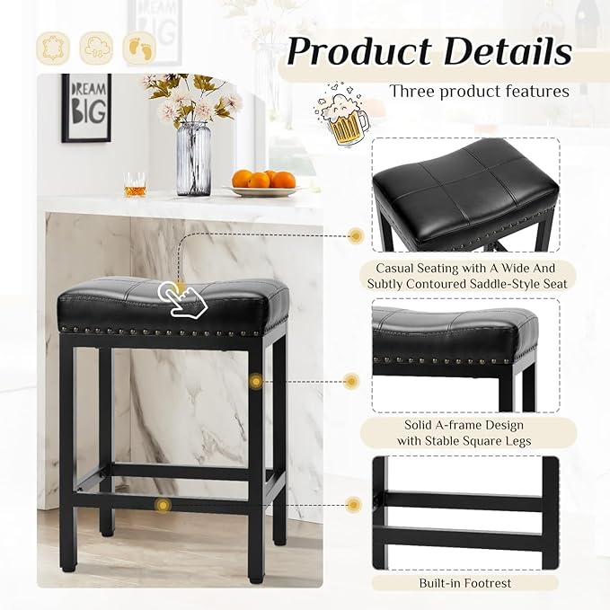 Counter Stools Set of 2 Upholstered Counter Height Bar Stools with Padded Seats and Metal Base, Leather Saddle Stool for Modern Kitchen Island, 22.4-Inch, Black