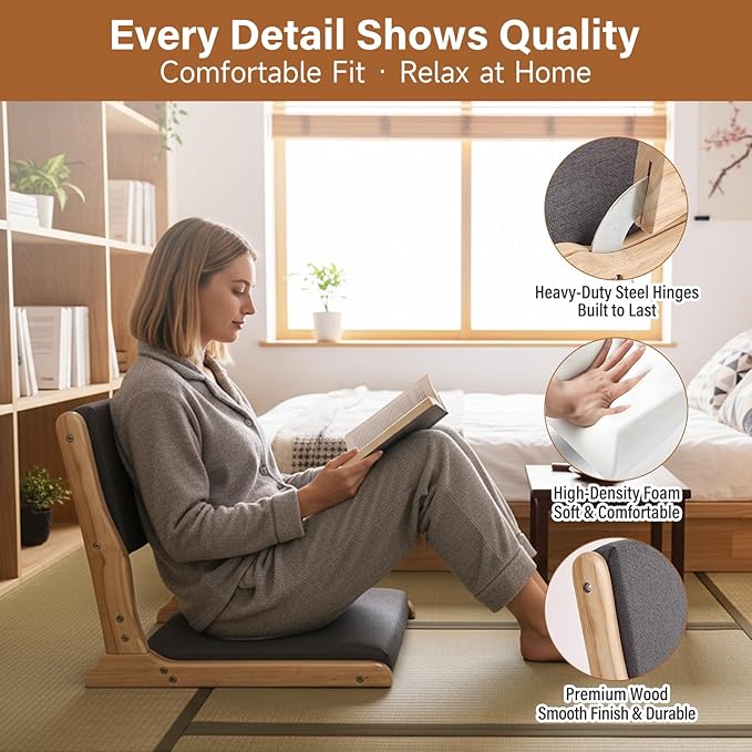 Tiita Foldable Tatami Chair, Japanese Floor Chair, Wood Legless Back Rest Chairs with Cushion, Accent Meditation Floor Chairs Bay Window, Wood Dark Grey