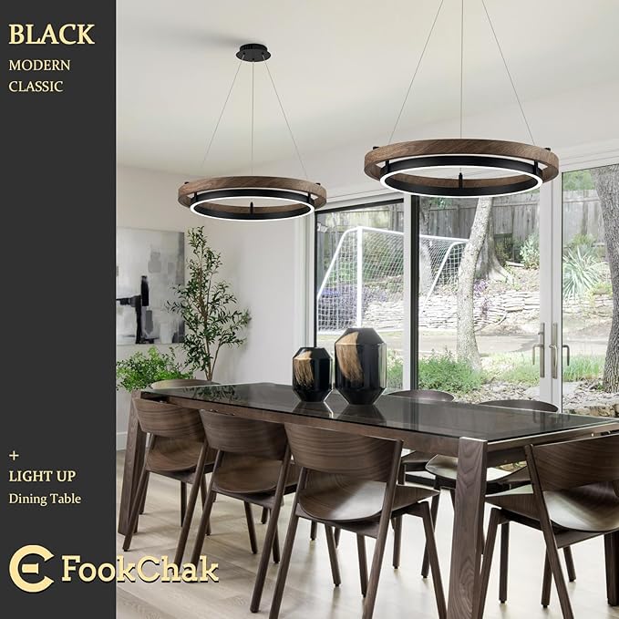 LED Ring Chandelier Modern Round LED Pendant Light 24in Walnut Wood & Black Chandelier Dimmable Ceiling Pendant Light Fixtrure for Dining Room Entry Kitchen Island Bedroom Living Room