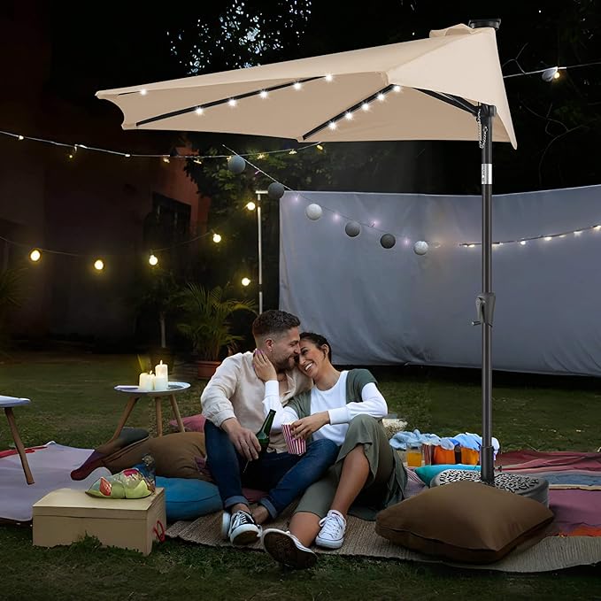 9FT Solar Half Umbrellas Outdoor - LED Half Patio Umbrella with 25 Lights, UV Protection Waterprool, Half Round Umbrella for Wall Balcony, Pool, Porch, Garden, Deck, Backyard, Beige