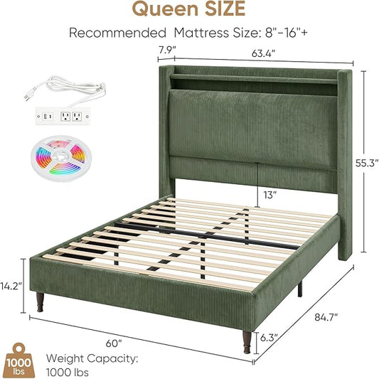 Queen Size Bed Frame with Tall Headboard, 55.3" Upholstered Platform Queen Bedframe with Wingback Storage Headboard, Charging Station & LED Lights, No Box Spring Needed, Wooden Slats, Corduroy, Green