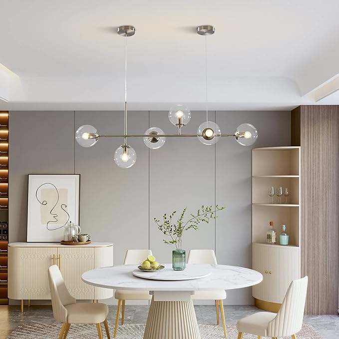 KCO Lighting 6 Light Brushed Nickel Chandelier Bubble Glass Pendant Lights Kitchen Mid Century Modern Linear Chandelier Globe Sputnik Ceiling Light for Dining Room Living Room