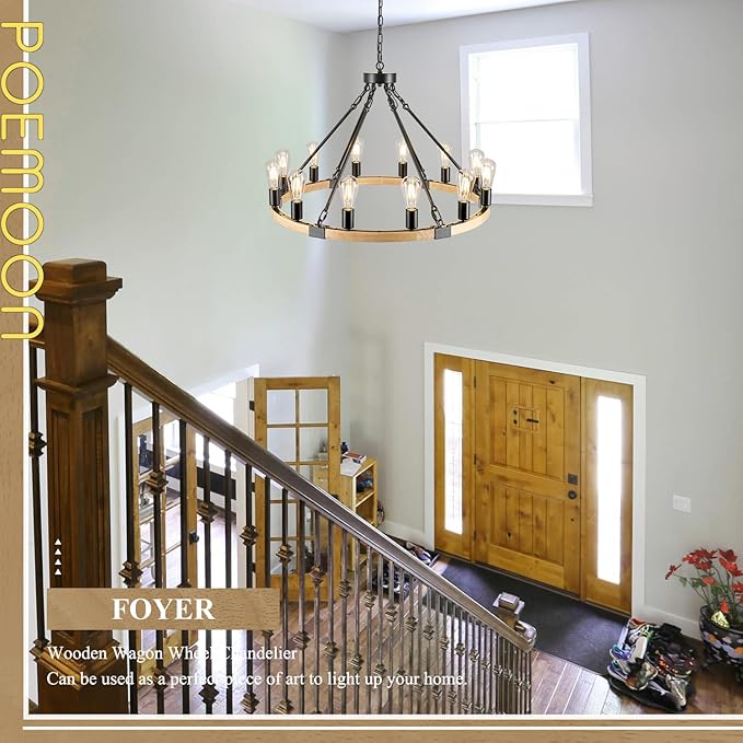 31.5'' 12 Lights Wooden Wagon Wheel Chandelier Natural Farmhouse Wood Round Chandelier Black Rustic Light Fixture for Living Dining Room Entryway Foyer Kitchen