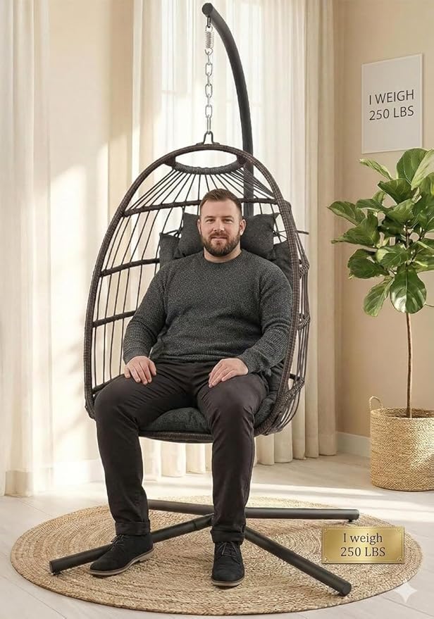 SereneLife Egg Chair with Stand – Hanging Rattan Wicker Swing for Indoor Outdoor Use – 350 lbs Capacity, Breathable Cushion & Headrest – Patio, Balcony, Porch, Bedroom Lounge Furniture