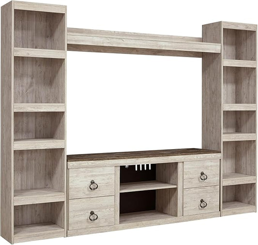 Signature Design by Ashley Willowton Farmhouse 4-Piece Entertainment Center for TVs up to 69" with Adjustable Shelves, Whitewash