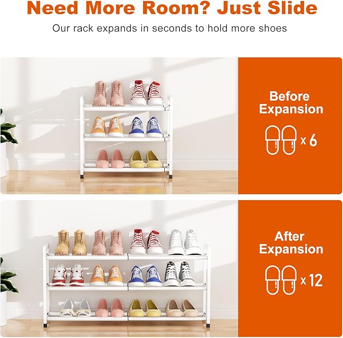Expandable Shoe Rack for Closet Adjustable Metal Shoe Rack for Entryway 18.5"-33" Free Standing Shoe Organizer 12 Pairs with Hooks 3-Tier Small Shoe Shelf for Bedroom Garage Dorm Floor, White