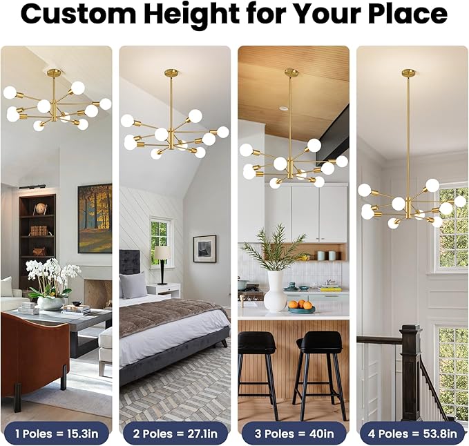 Modern Sputnik Chandeliers Light, 10-Light Gold Gold Dining Room Chandelier Over Table, Height Adjustable Industrial Semi Flush Mount Mid Century Chandelier for Kitchen Island Living Room