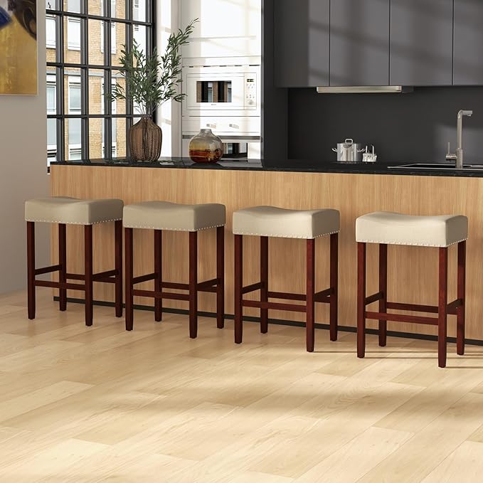 ERGOMASTER Bar Stools, 24 Inch Modern Saddle Stools, Rubber Wood, Khaki/Brown, Set of 2