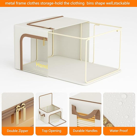 3 Pack Linen Fabric Clothes Storage Bins Collapsible Storage Bins and Storage Boxes for Clothes with Metal Supports (Beige, 36L)