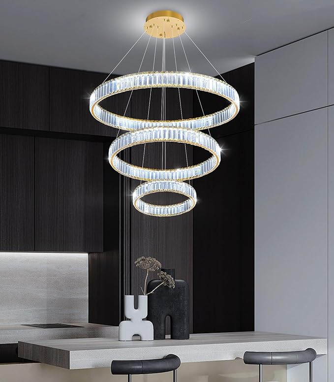 8''+16''+24'' Modern Ring Chandelier Crystal Chandeliers for Dining Room Round LED Dimmable Ceiling Light Fixture for Living Room Bedroom Lighting Gold