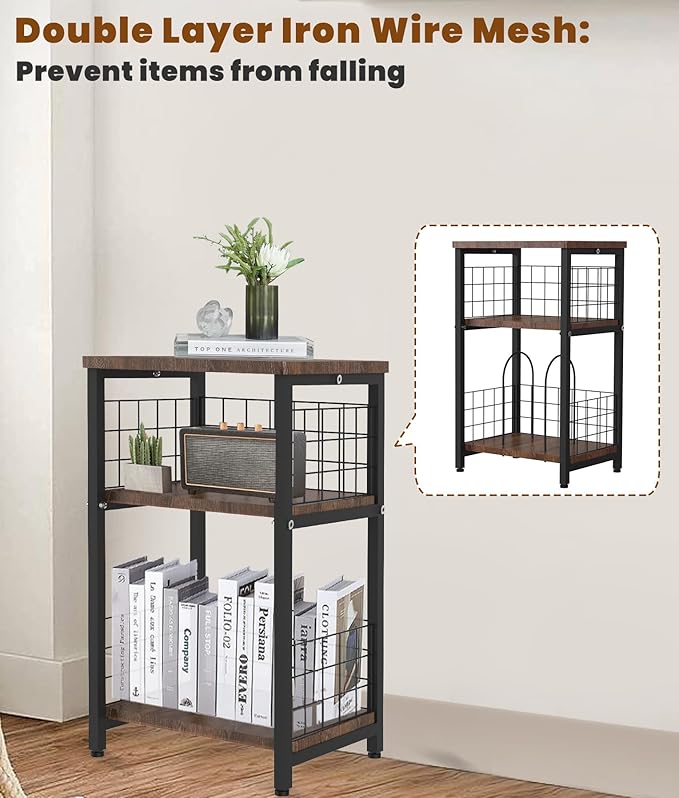 Record Player Stand, 3 Tier End Table with Double Layer Iron Wire Mesh Turntable Vinyl Record Stand Storage Up to 100 Albums, Nightstand Small Side Tables for Living Room Bedroom, Black