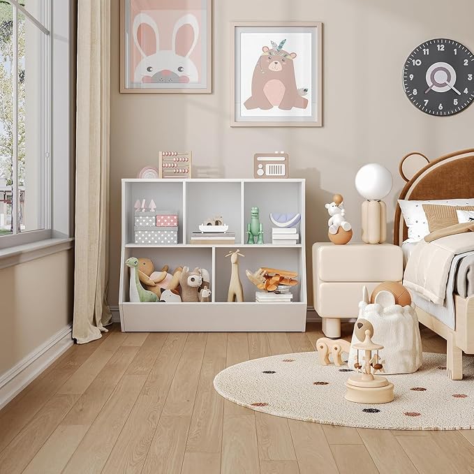 HOOBRO Kids Bookshelf, Bookcase Footboard, Toy Storage Cubby, Children's Toy Shelf, 35.4" L Storage Cabinet, Fit for Children's Room, Playroom, Hallway, Kindergarten, White WT32CW01